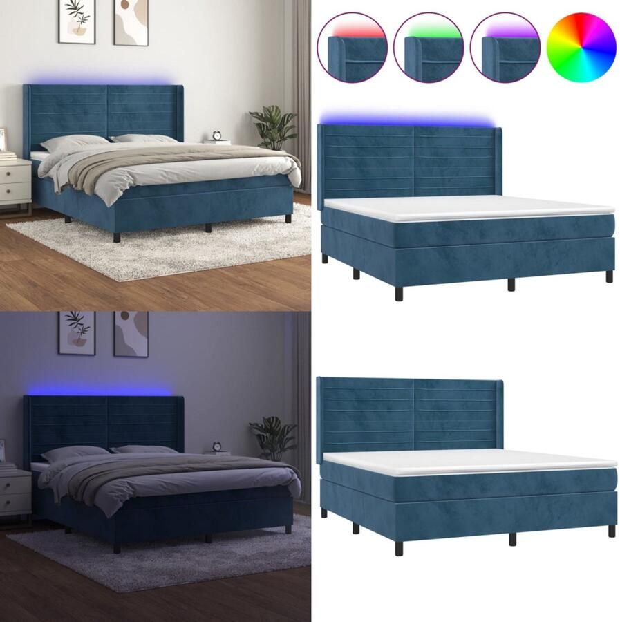 VidaXL Boxspring met matras en LED fluweel donkerblauw 160x200 cm Boxspring Boxsprings Bed Slaapmeubel