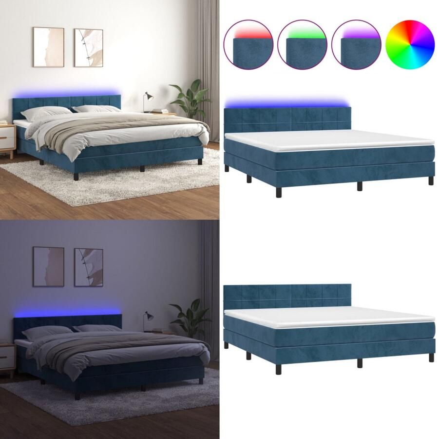 VidaXL Boxspring met matras en LED fluweel donkerblauw 160x200 cm Boxspring Boxsprings Bed Slaapmeubel