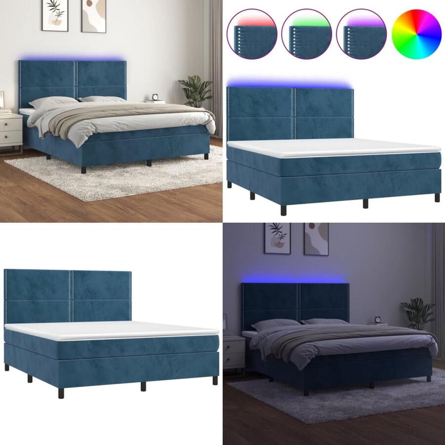 VidaXL Boxspring met matras en LED fluweel donkerblauw 160x200 cm Boxspring Boxsprings Bed Slaapmeubel