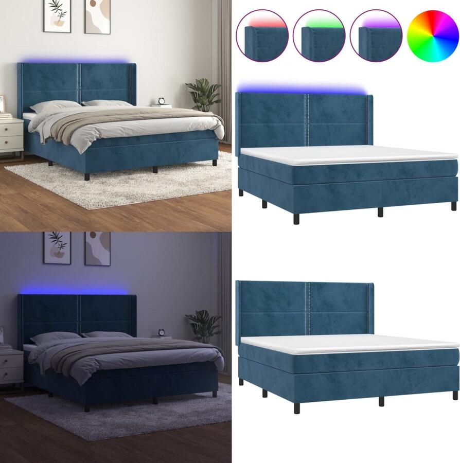 VidaXL Boxspring met matras en LED fluweel donkerblauw 180x200 cm Boxspring Boxsprings Bed Slaapmeubel