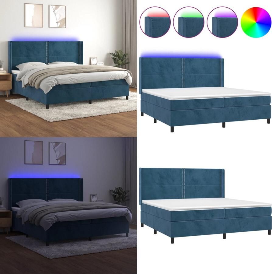 VidaXL Boxspring met matras en LED fluweel donkerblauw 200x200 cm Boxspring Boxsprings Bed Slaapmeubel