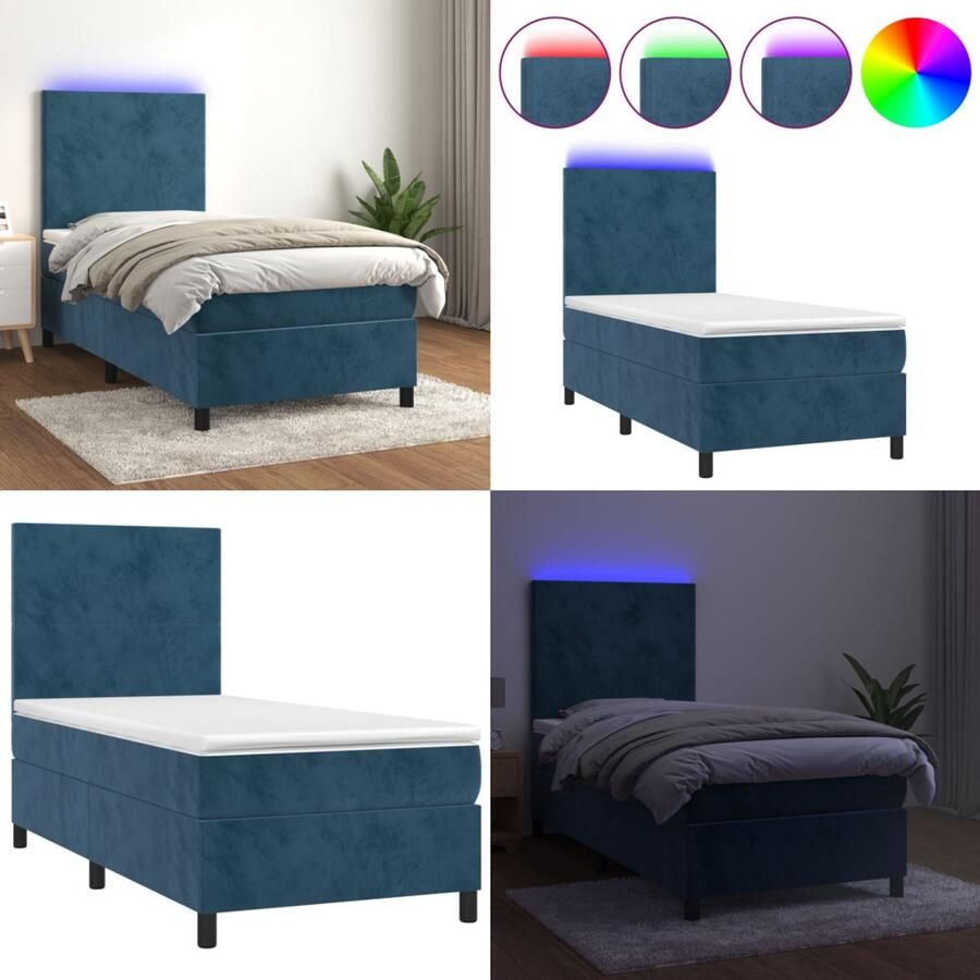 VidaXL Boxspring met matras en LED fluweel donkerblauw 80x200 cm Boxspring Boxsprings Bed Slaapmeubel