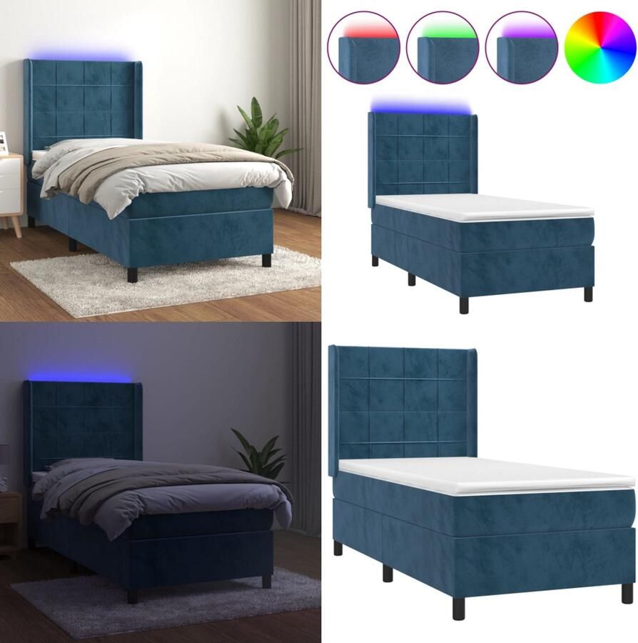 VidaXL Boxspring met matras en LED fluweel donkerblauw 80x200 cm Boxspring Boxsprings Bed Slaapmeubel