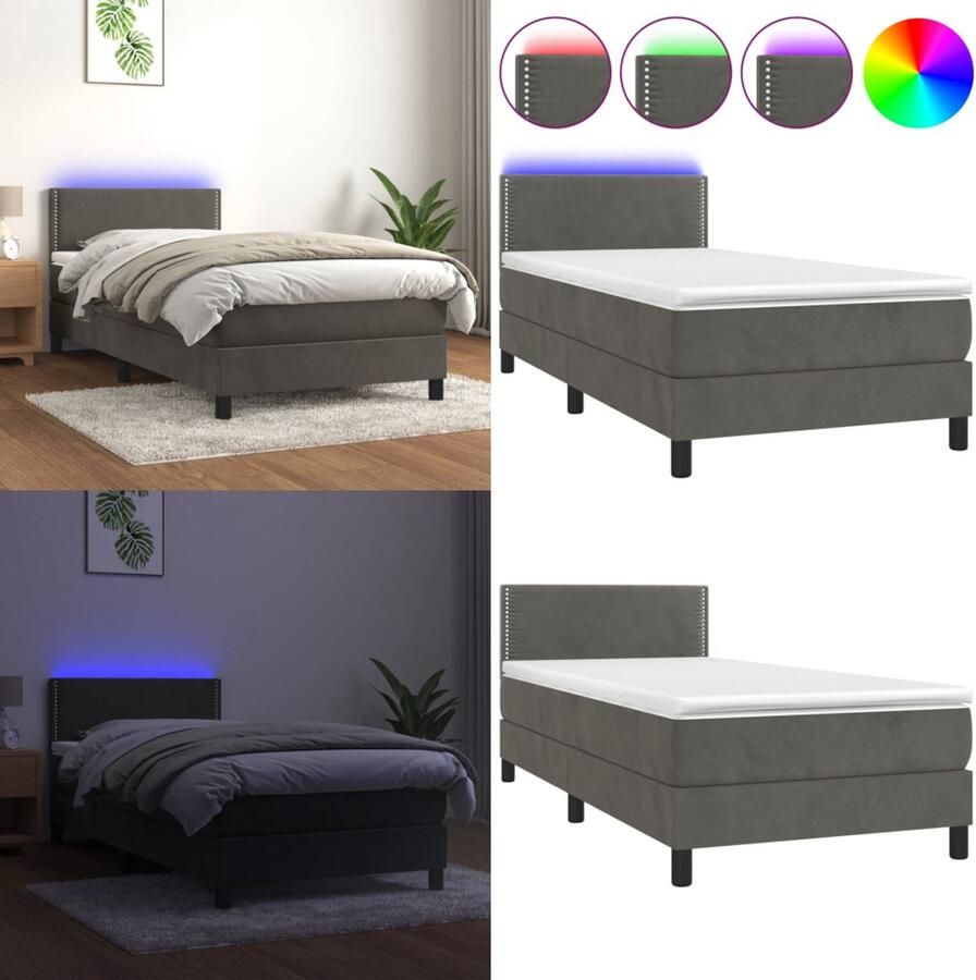 VidaXL Boxspring met matras en LED fluweel donkergrijs 100x200 cm Boxspring Boxsprings Bed Slaapmeubel