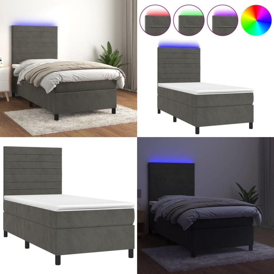 VidaXL Boxspring met matras en LED fluweel donkergrijs 100x200 cm Boxspring Boxsprings Bed Slaapmeubel