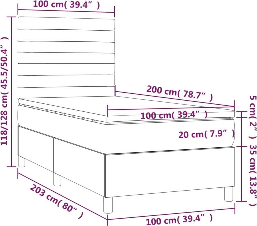 Vida XL Boxspring met matras en LED fluweel donkergrijs 100x200 cm SKU: V3135988 - Foto 2