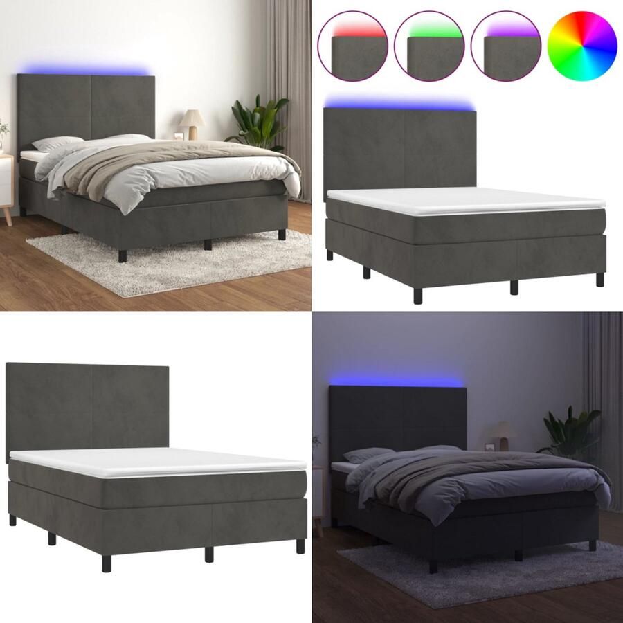 VidaXL Boxspring met matras en LED fluweel donkergrijs 140x190 cm Boxspring Boxsprings Bed Slaapmeubel