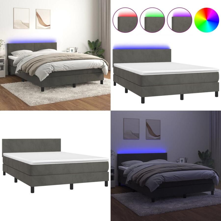 VidaXL Boxspring met matras en LED fluweel donkergrijs 140x190 cm Boxspring Boxsprings Bed Slaapmeubel