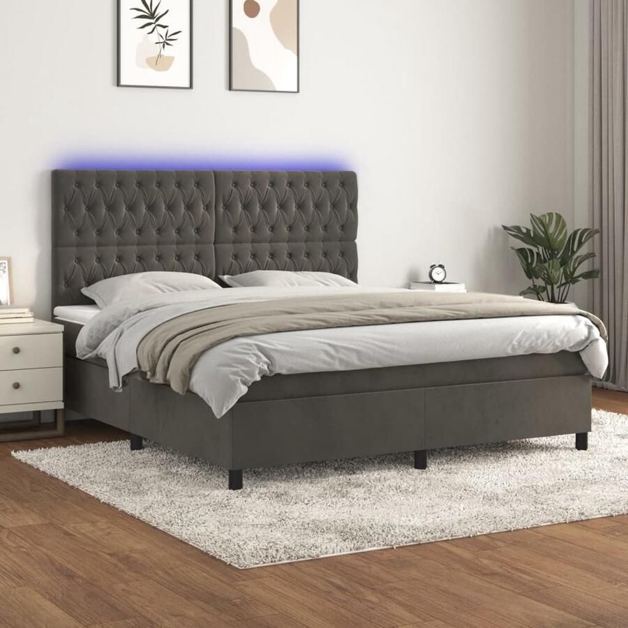 VidaXL Boxspring met matras en LED Fluweel Donkergrijs 160x200 cm Boxspring Donkere Kleuren Velvet Bed Led Lampen Pocketed Spring Mattress Hoofdbord Slaapcomfort - Foto 2