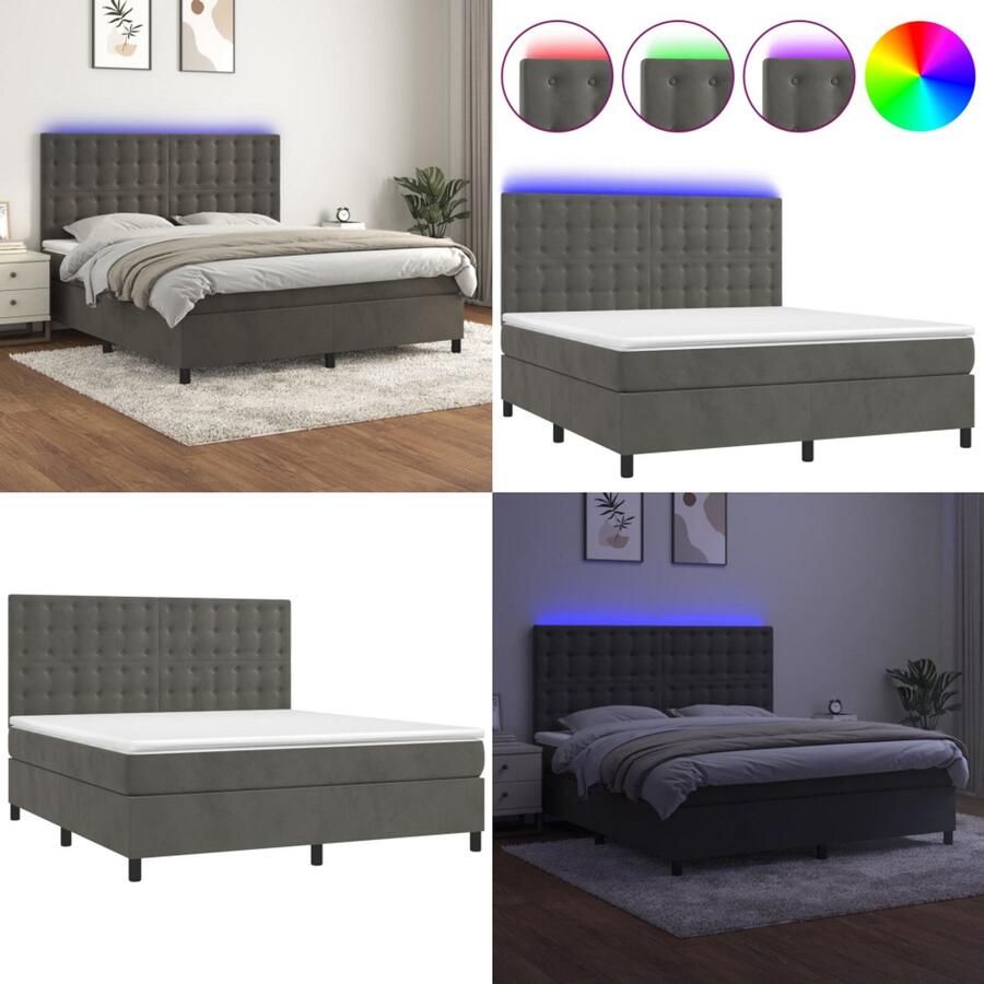VidaXL Boxspring met matras en LED fluweel donkergrijs 180x200 cm Boxspring Boxsprings Bed Slaapmeubel