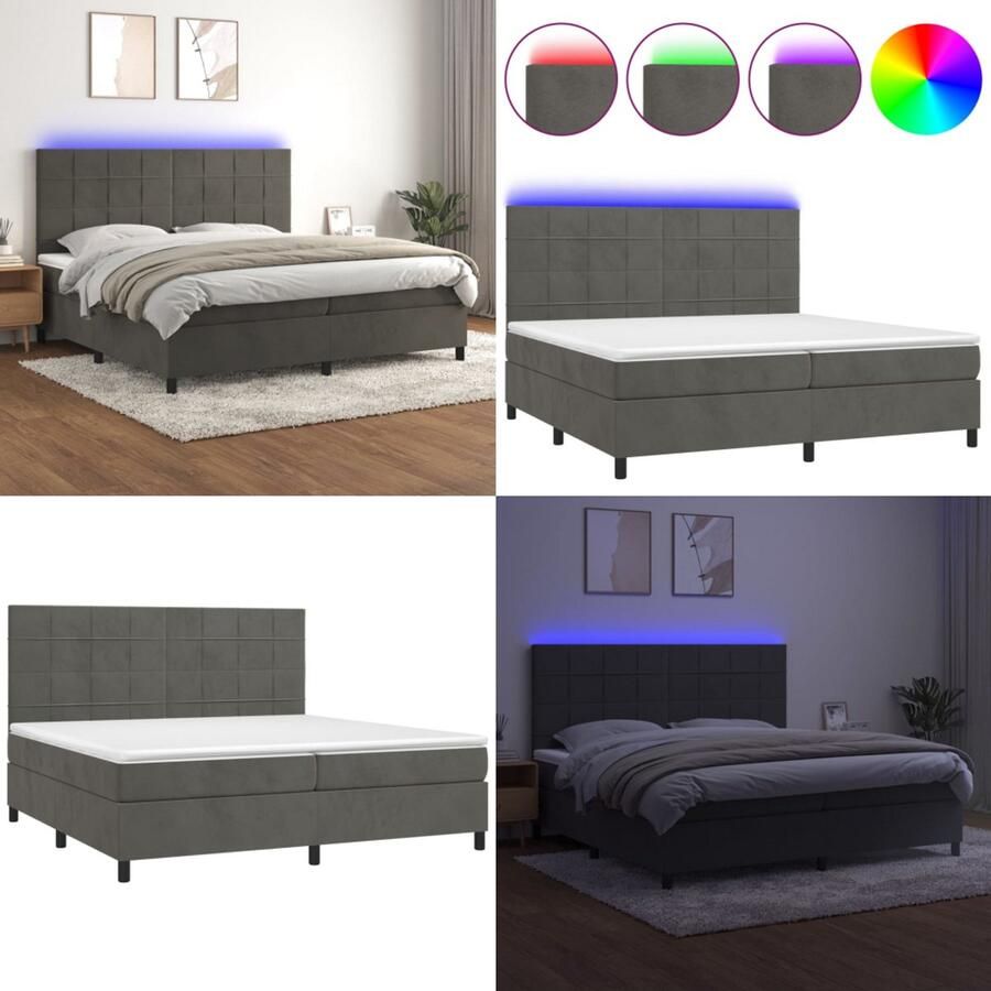 VidaXL Boxspring met matras en LED fluweel donkergrijs 200x200 cm Boxspring Boxsprings Bed Slaapmeubel