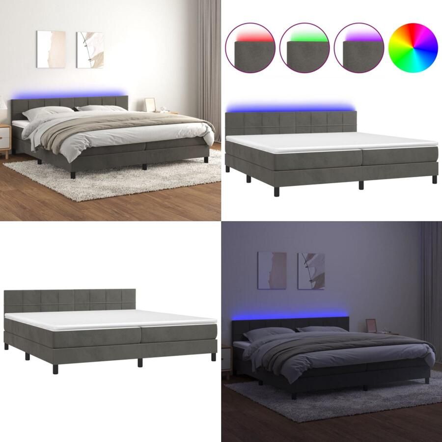 VidaXL Boxspring met matras en LED fluweel donkergrijs 200x200 cm Boxspring Boxsprings Bed Slaapmeubel
