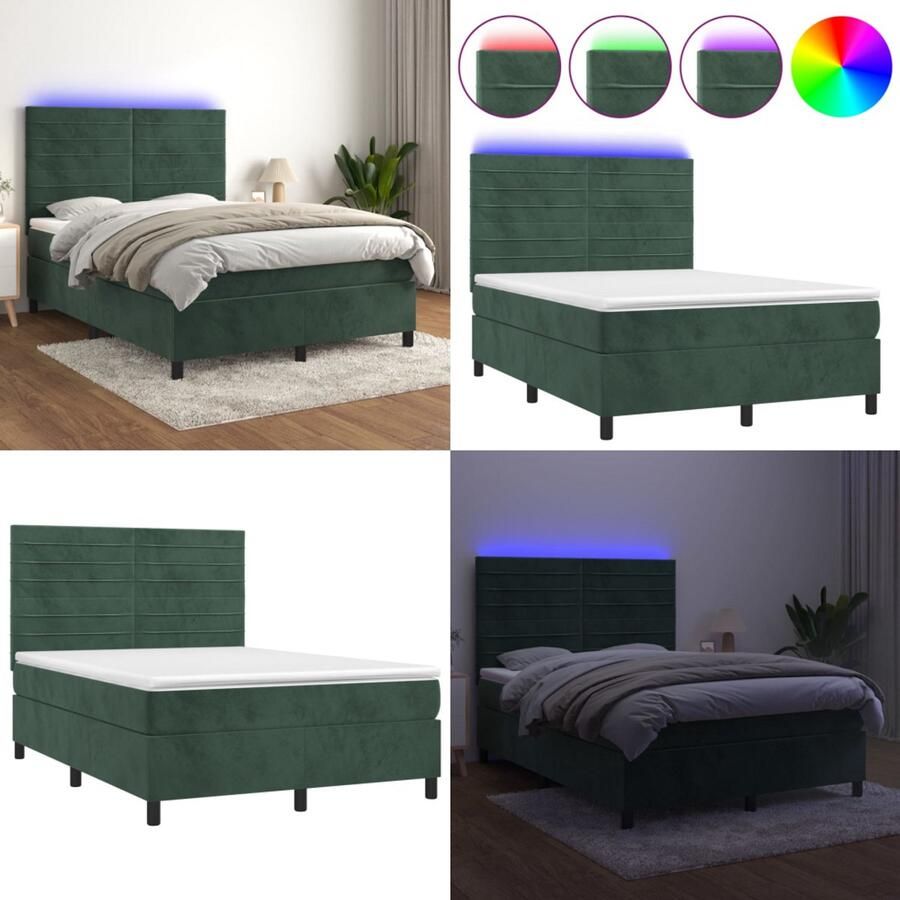 VidaXL Boxspring met matras en LED fluweel donkergroen 140x190 cm Boxspring Boxsprings Bed Slaapmeubel