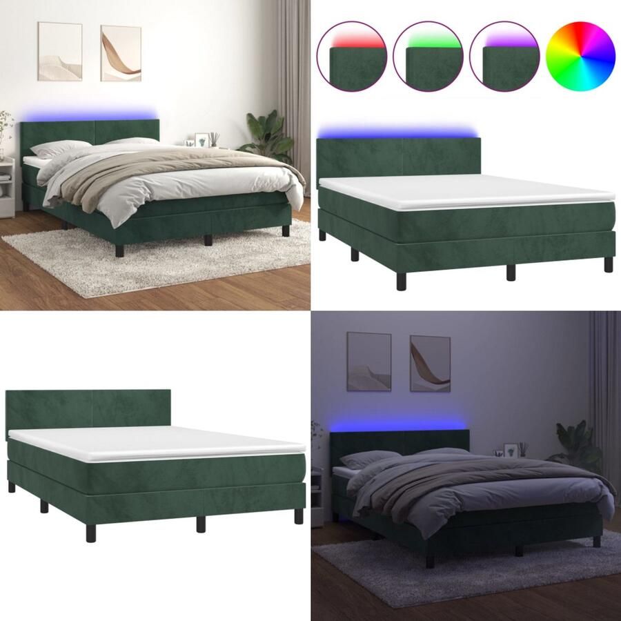VidaXL Boxspring met matras en LED fluweel donkergroen 140x190 cm Boxspring Boxsprings Bed Slaapmeubel