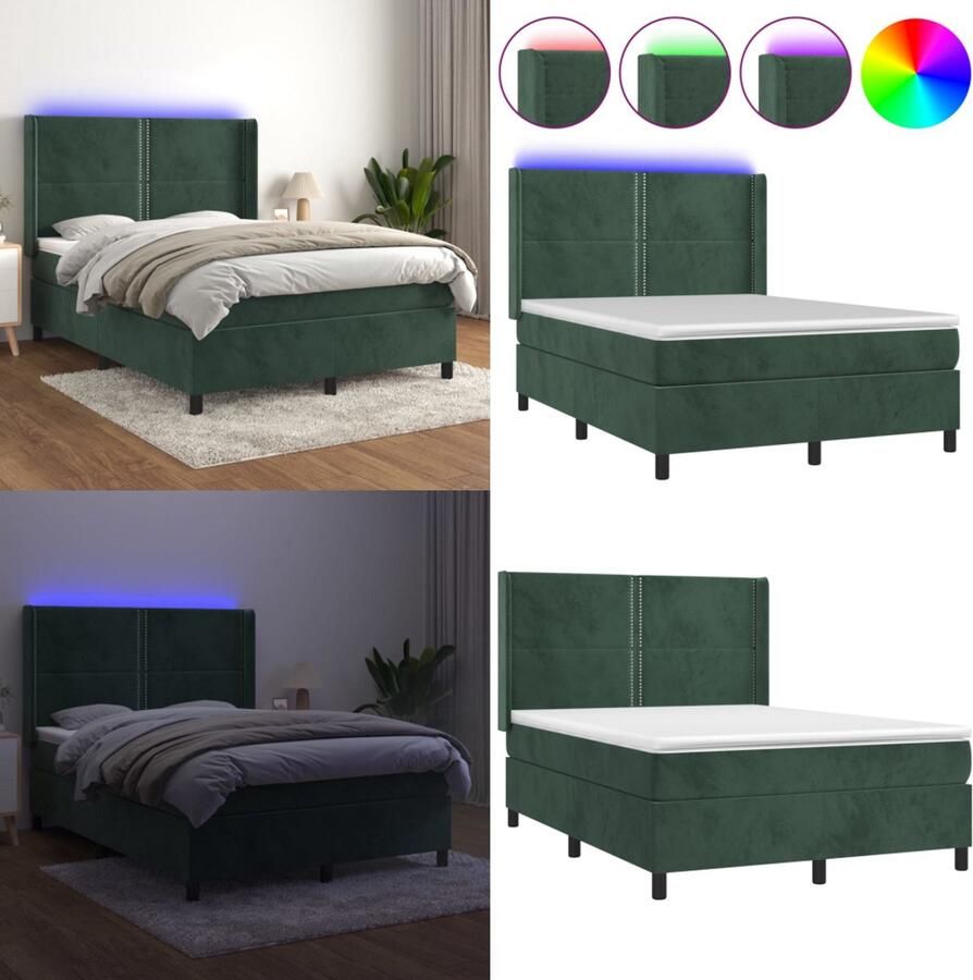 VidaXL Boxspring met matras en LED fluweel donkergroen 140x200 cm Boxspring Boxsprings Bed Slaapmeubel