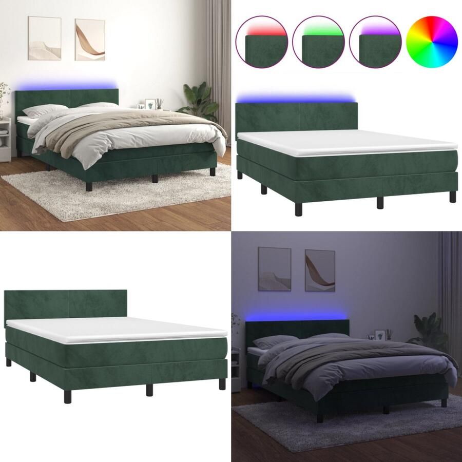 VidaXL Boxspring met matras en LED fluweel donkergroen 140x200 cm Boxspring Boxsprings Bed Slaapmeubel