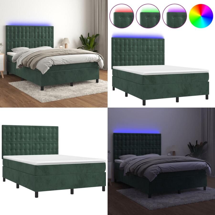 VidaXL Boxspring met matras en LED fluweel donkergroen 140x200 cm Boxspring Boxsprings Bed Slaapmeubel