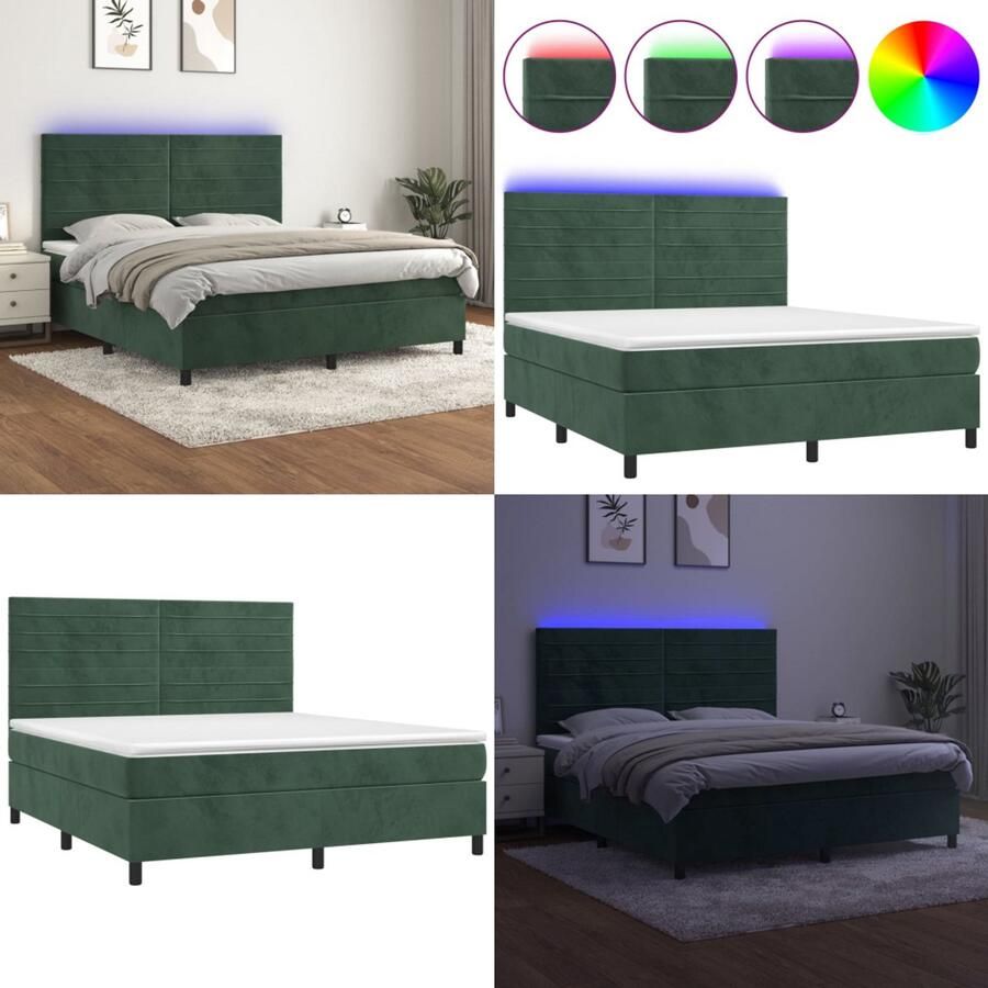 VidaXL Boxspring met matras en LED fluweel donkergroen 180x200 cm Boxspring Boxsprings Bed Slaapmeubel