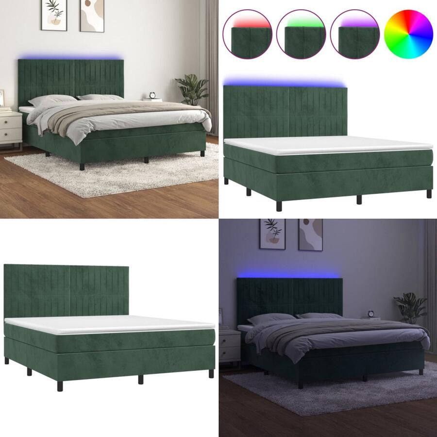 VidaXL Boxspring met matras en LED fluweel donkergroen 180x200 cm Boxspring Boxsprings Bed Slaapmeubel