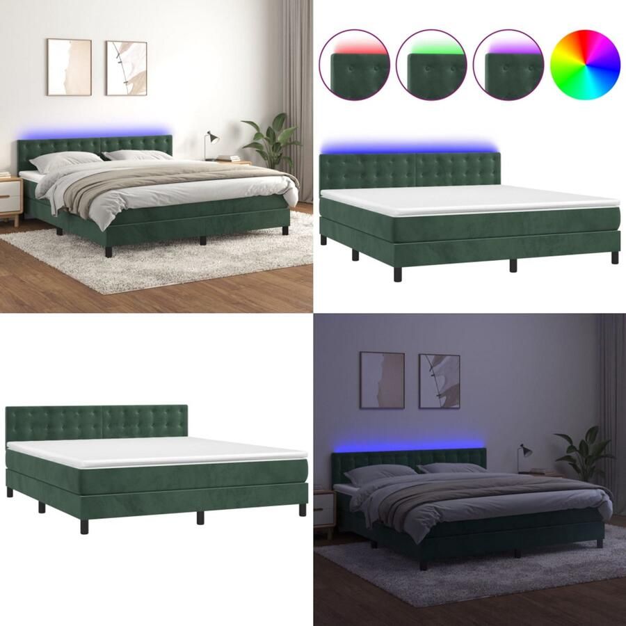 VidaXL Boxspring met matras en LED fluweel donkergroen 180x200 cm Boxspring Boxsprings Bed Slaapmeubel