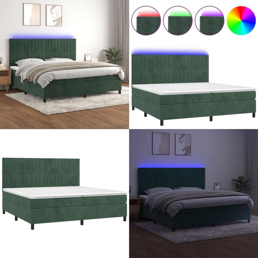 VidaXL Boxspring met matras en LED fluweel donkergroen 200x200 cm Boxspring Boxsprings Bed Slaapmeubel