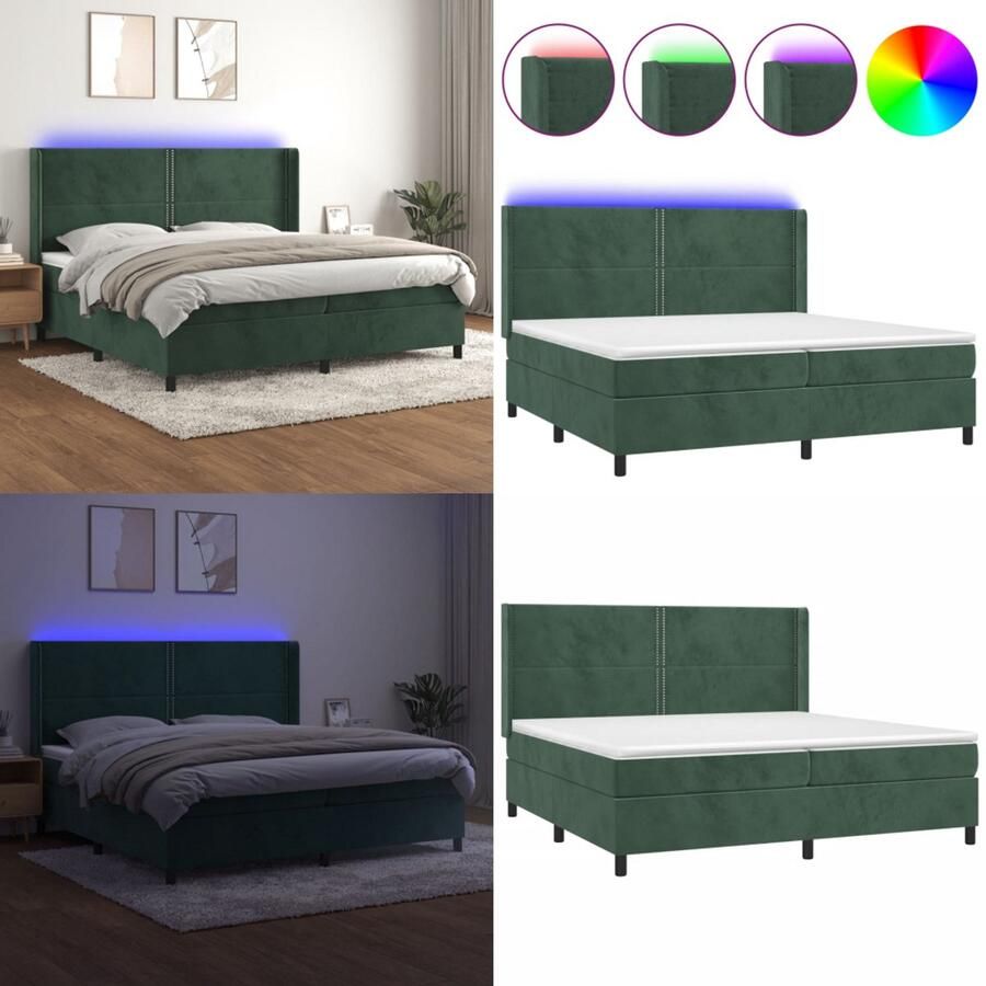 VidaXL Boxspring met matras en LED fluweel donkergroen 200x200 cm Boxspring Boxsprings Bed Slaapmeubel