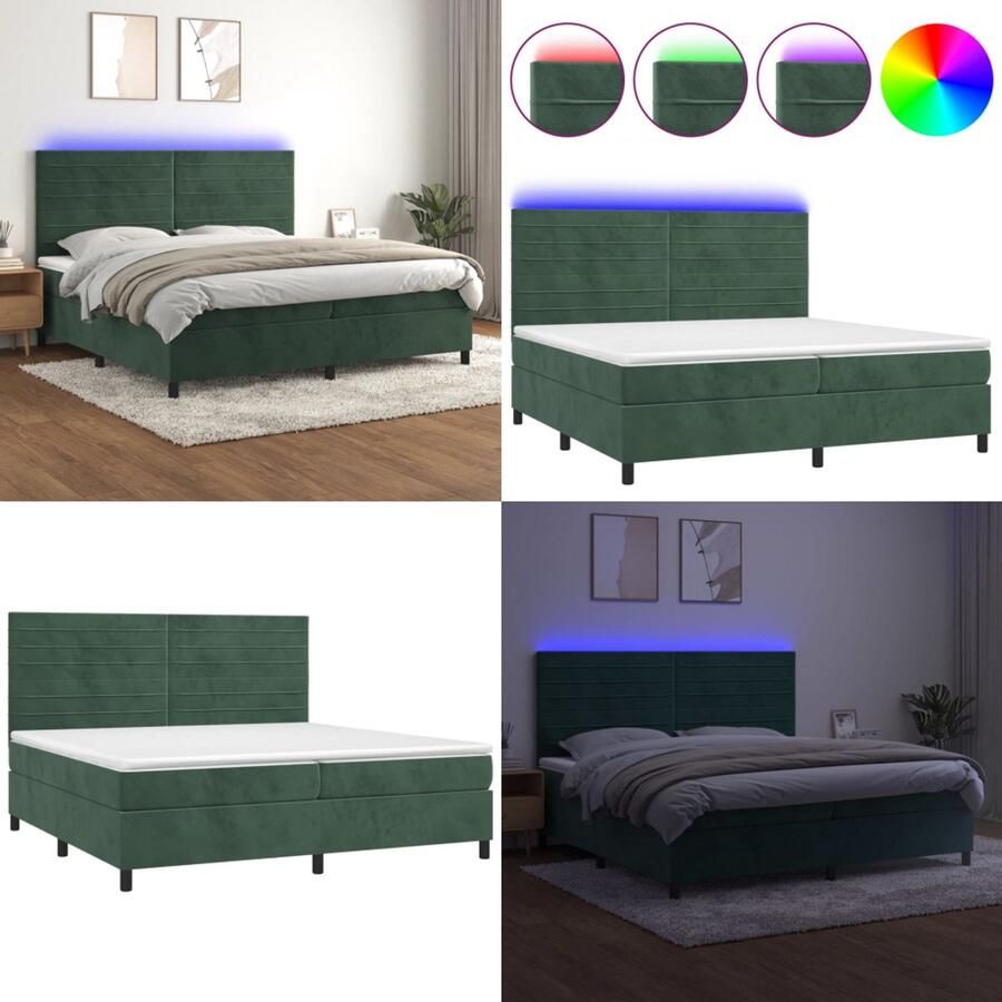 VidaXL Boxspring met matras en LED fluweel donkergroen 200x200 cm Boxspring Boxsprings Bed Slaapmeubel