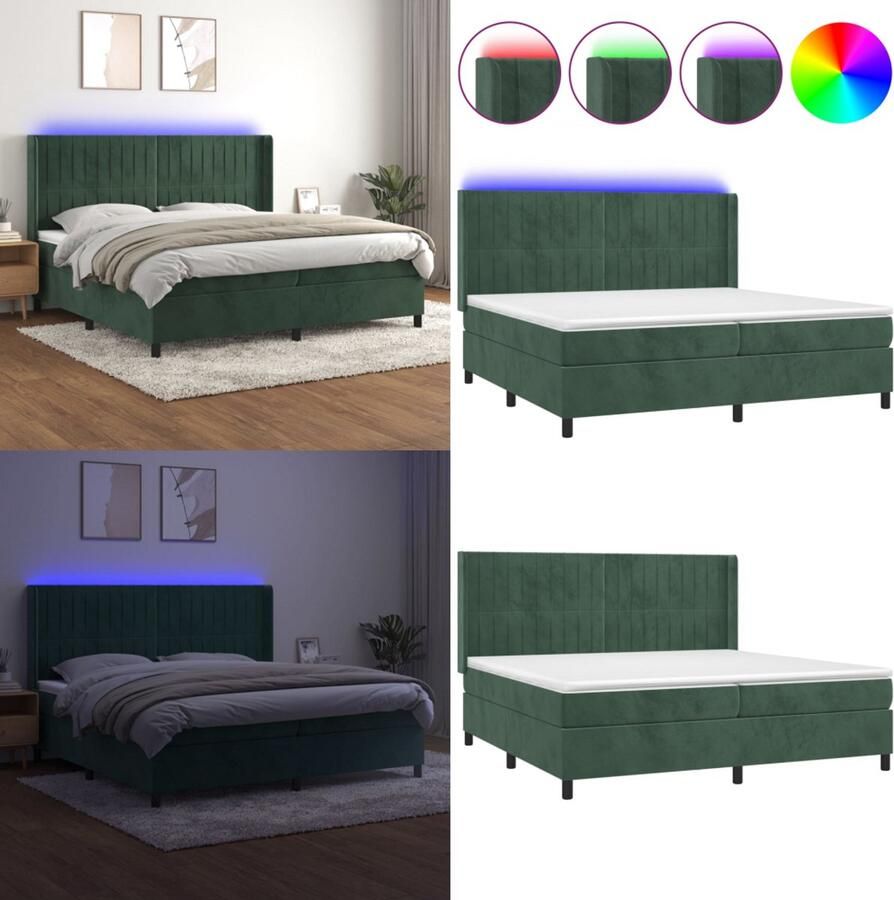 VidaXL Boxspring met matras en LED fluweel donkergroen 200x200 cm Boxspring Boxsprings Bed Slaapmeubel