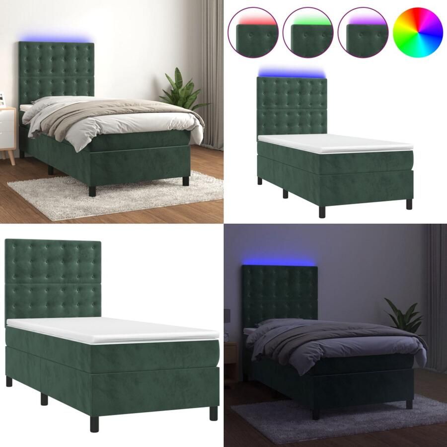 VidaXL Boxspring met matras en LED fluweel donkergroen 90x200 cm Boxspring Boxsprings Bed Slaapmeubel