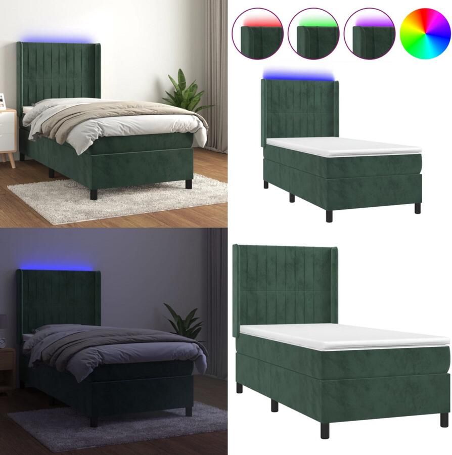 VidaXL Boxspring met matras en LED fluweel donkergroen 90x200 cm Boxspring Boxsprings Bed Slaapmeubel