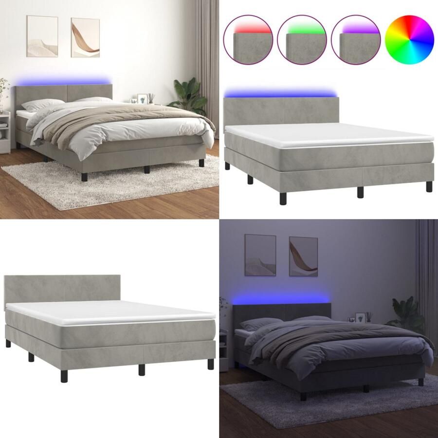 VidaXL Boxspring met matras en LED fluweel lichtgrijs 140x200 cm Boxspring Boxsprings Bed Slaapmeubel