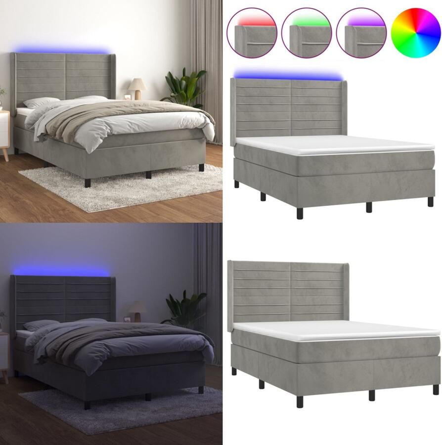 VidaXL Boxspring met matras en LED fluweel lichtgrijs 140x200 cm Boxspring Boxsprings Bed Slaapmeubel