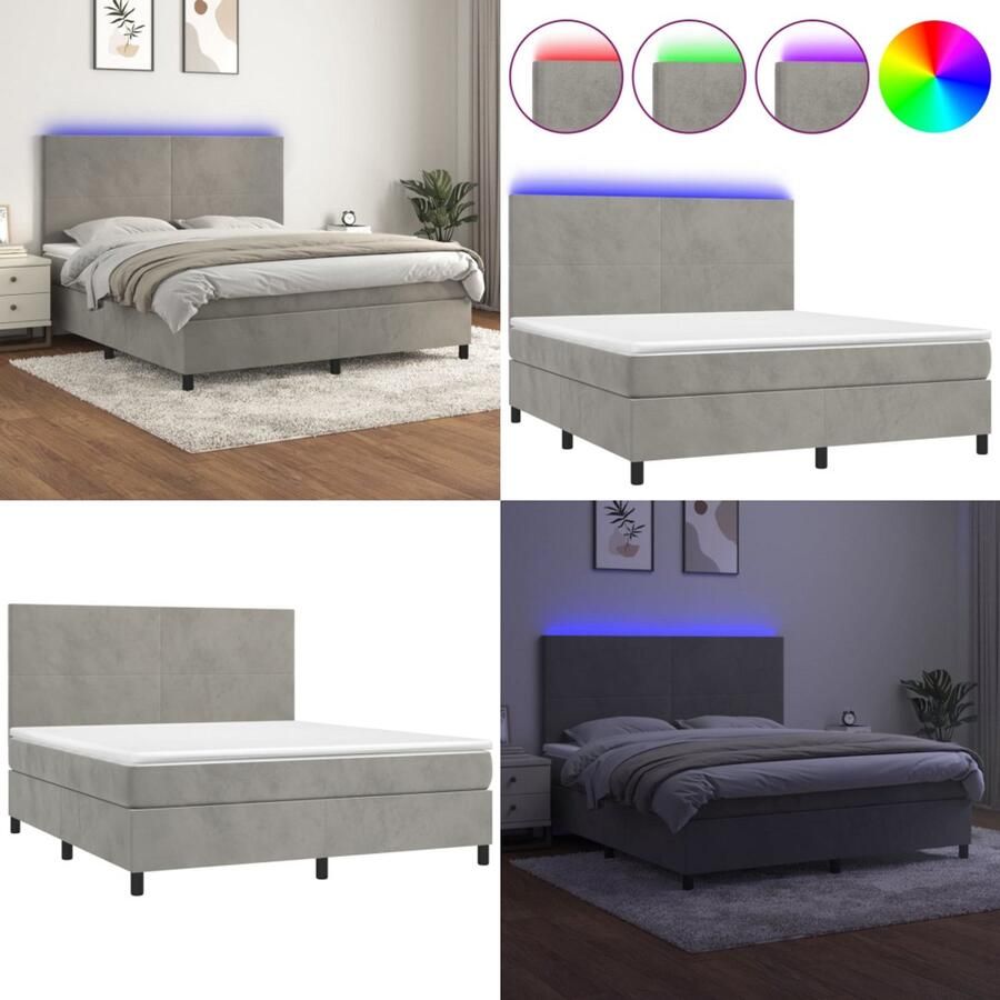 VidaXL Boxspring met matras en LED fluweel lichtgrijs 180x200 cm Boxspring Boxsprings Bed Slaapmeubel