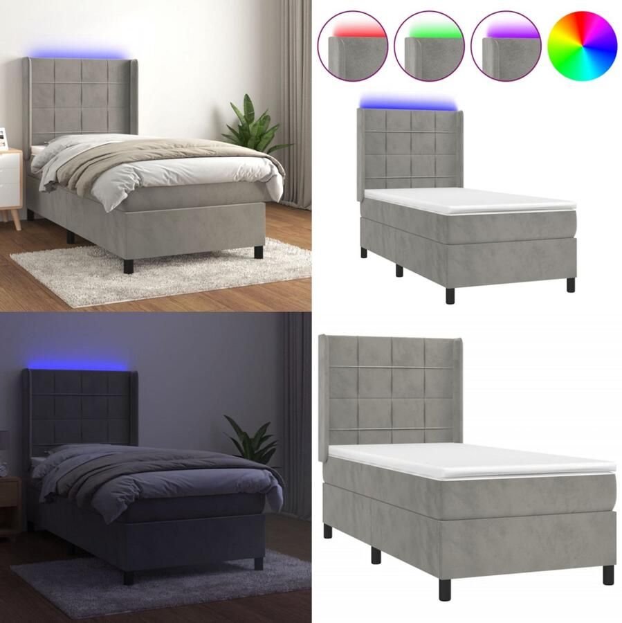 VidaXL Boxspring met matras en LED fluweel lichtgrijs 80x200 cm Boxspring Boxsprings Bed Slaapmeubel