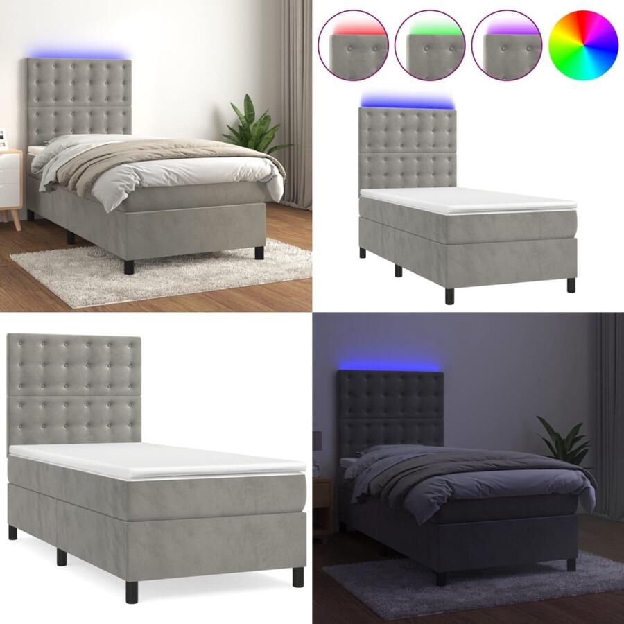 VidaXL Boxspring met matras en LED fluweel lichtgrijs 80x200 cm Boxspring Boxsprings Bed Slaapmeubel