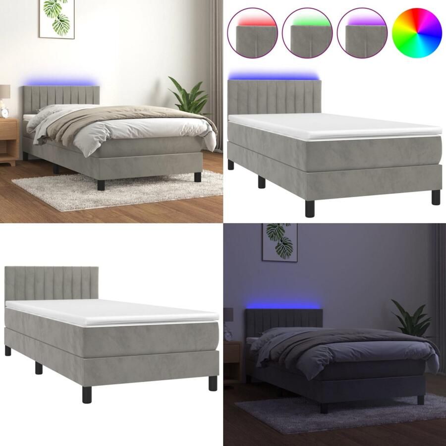 VidaXL Boxspring met matras en LED fluweel lichtgrijs 90x190 cm Boxspring Boxsprings Bed Slaapmeubel