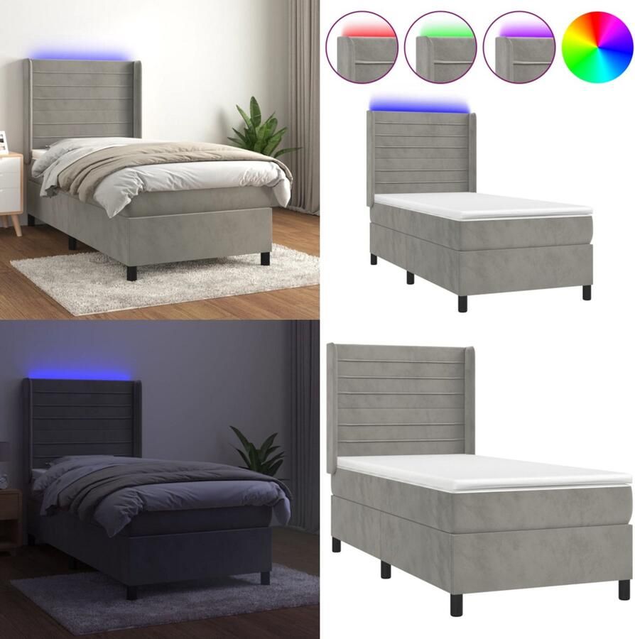 VidaXL Boxspring met matras en LED fluweel lichtgrijs 90x200 cm Boxspring Boxsprings Bed Slaapmeubel - Foto 4
