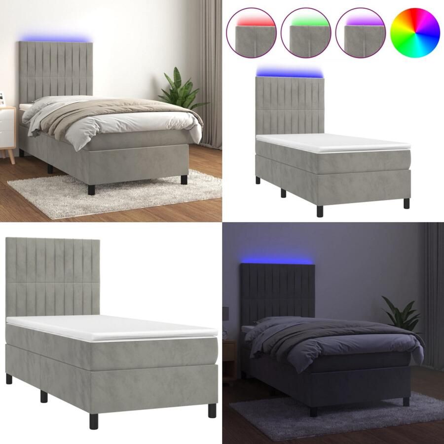 VidaXL Boxspring met matras en LED fluweel lichtgrijs 90x200 cm Boxspring Boxsprings Bed Slaapmeubel