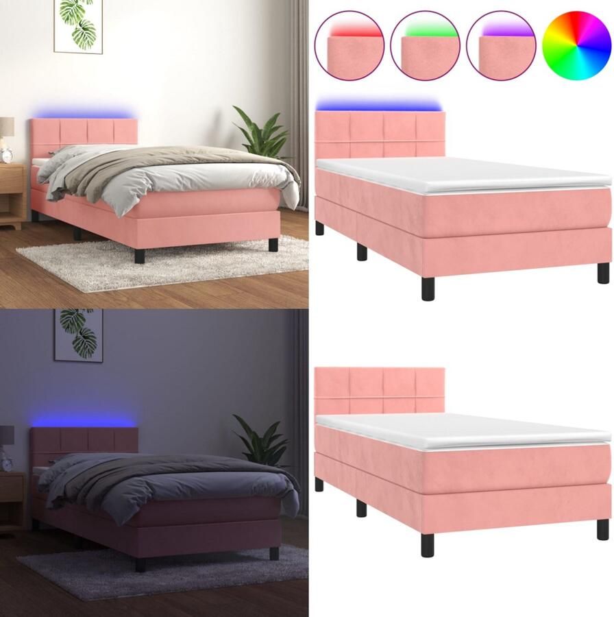 VidaXL Boxspring met matras en LED fluweel roze 100x200 cm Boxspring Boxsprings Bed Slaapmeubel - Foto 2