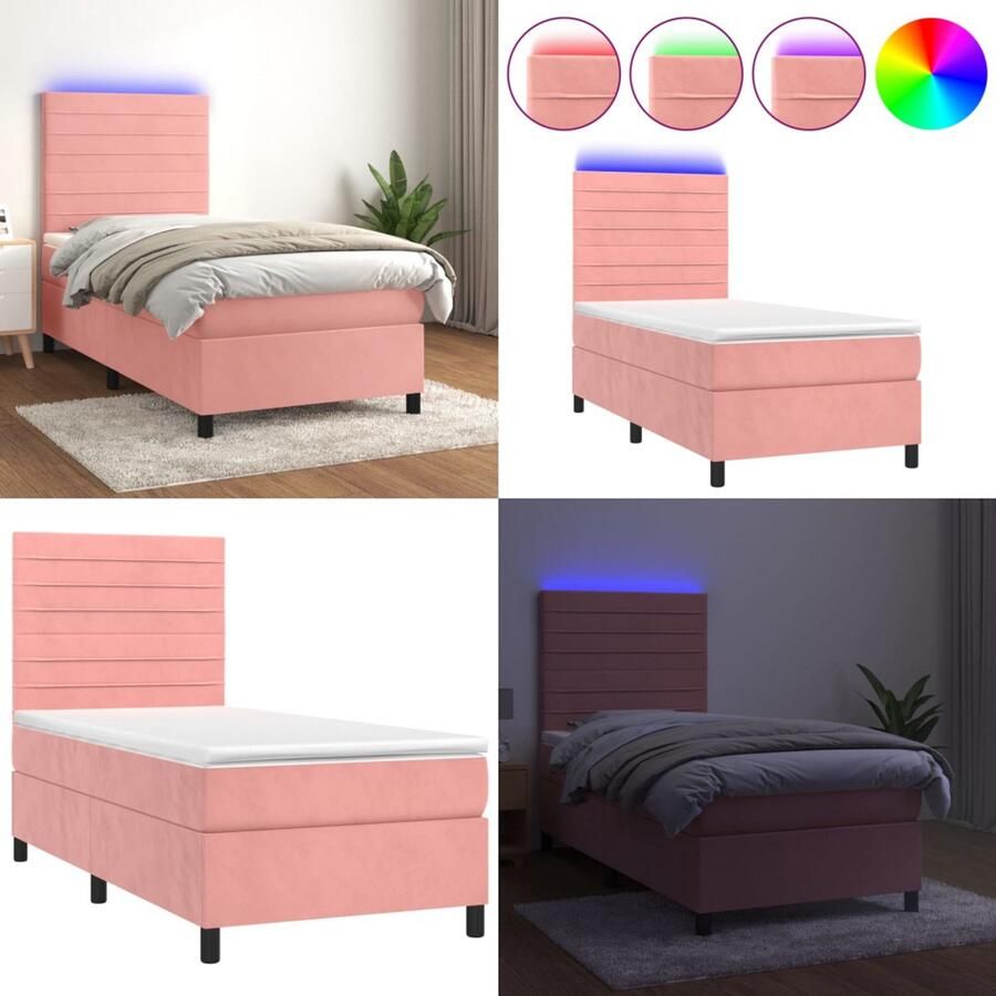 VidaXL -Boxspring-met-matras-en-LED-fluweel-roze-100x200-cm - Foto 3