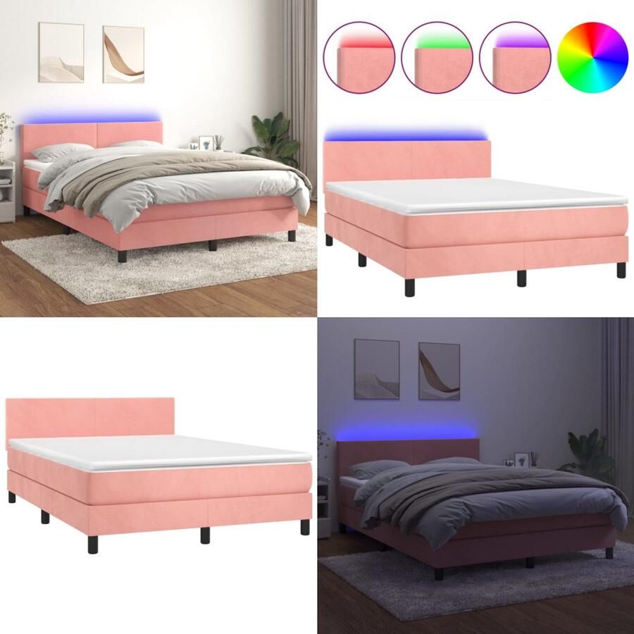 VidaXL Boxspring met matras en LED fluweel roze 140x190 cm Boxspring Boxsprings Bed Slaapmeubel