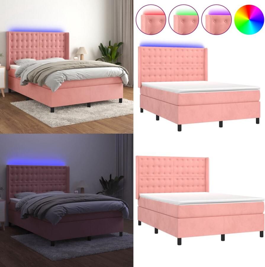 VidaXL Boxspring met matras en LED fluweel roze 140x190 cm Boxspring Boxsprings Bed Slaapmeubel