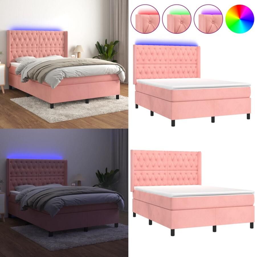 VidaXL Boxspring met matras en LED fluweel roze 140x190 cm Boxspring Boxsprings Bed Slaapmeubel
