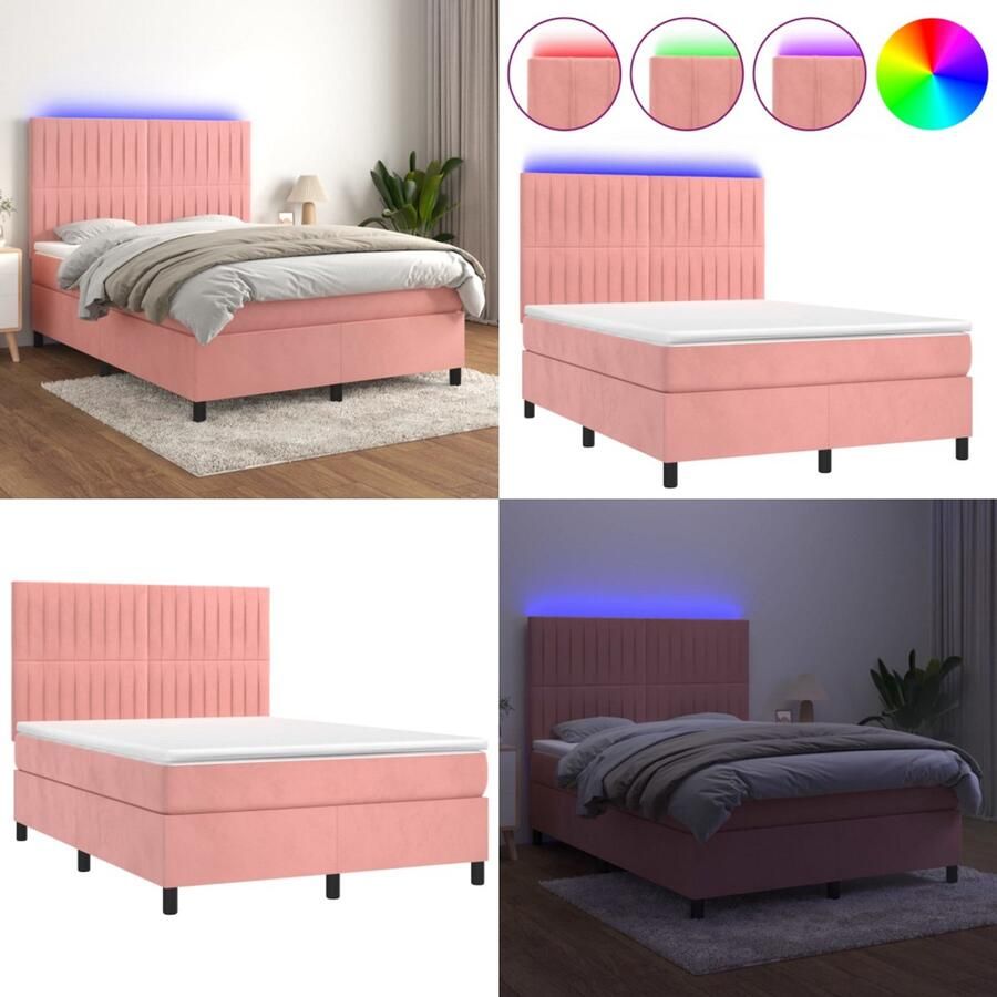 VidaXL Boxspring met matras en LED fluweel roze 140x190 cm Boxspring Boxsprings Bed Slaapmeubel