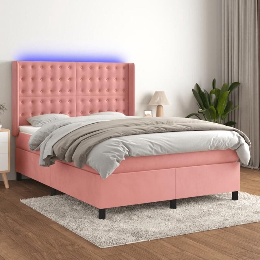 VidaXL Boxspring met Matras en LED Fluweel Roze 140x200 cm Boxspring Bed Led Bed Velvet Bed Rooskleurig Bed Tweepersoons Bed Slaapcomfort Slaapkamers - Foto 2