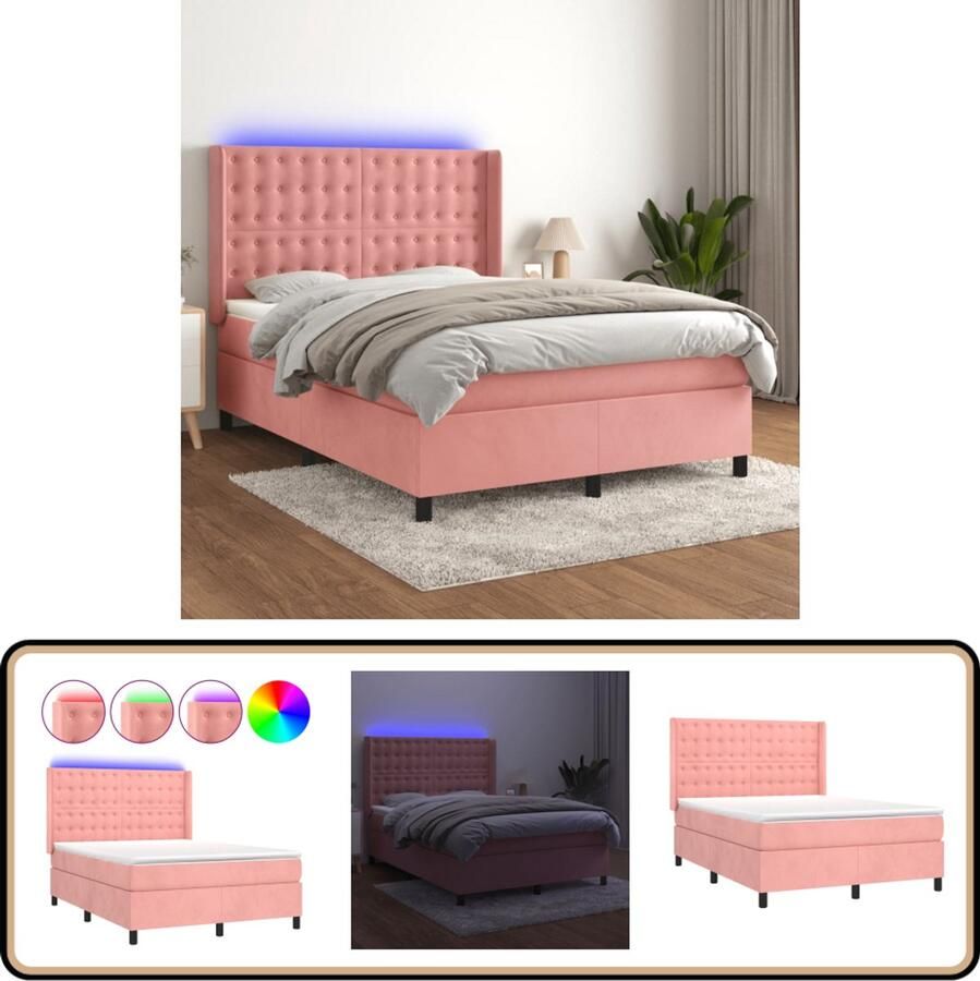 VidaXL Boxspring met Matras en LED Fluweel Roze 140x200 cm Boxspring Bed Led Bed Velvet Bed Rooskleurig Bed Tweepersoons Bed Slaapcomfort Slaapkamers