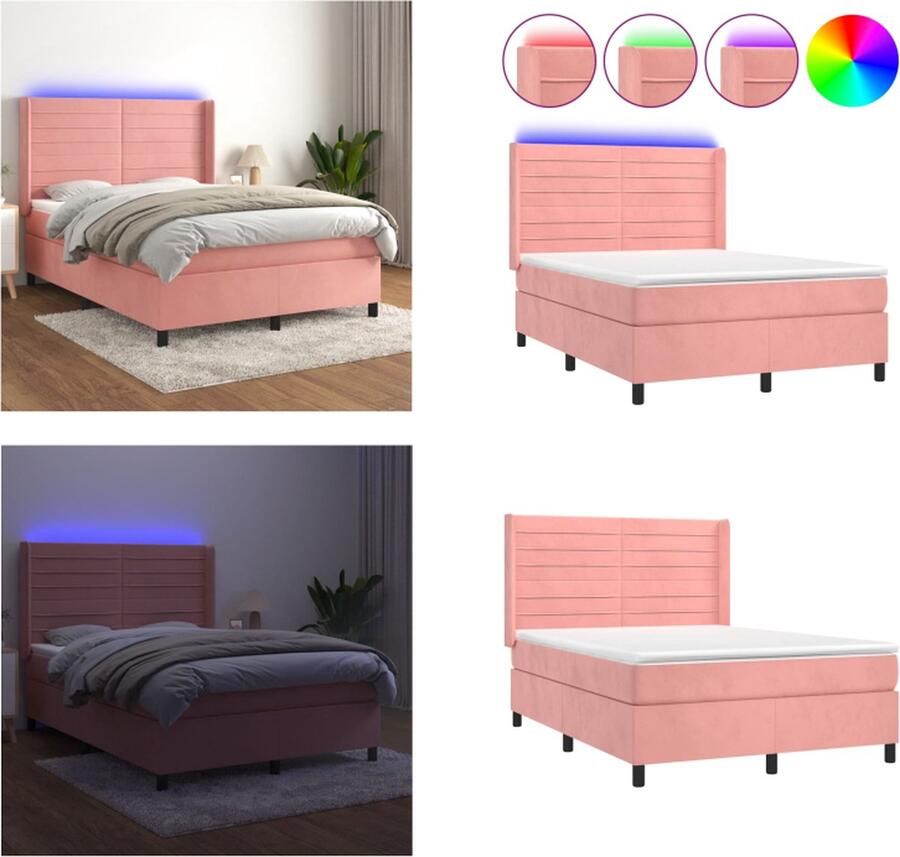 VidaXL Boxspring met matras en LED fluweel roze 140x200 cm Boxspring Boxsprings Bed Slaapmeubel - Foto 2