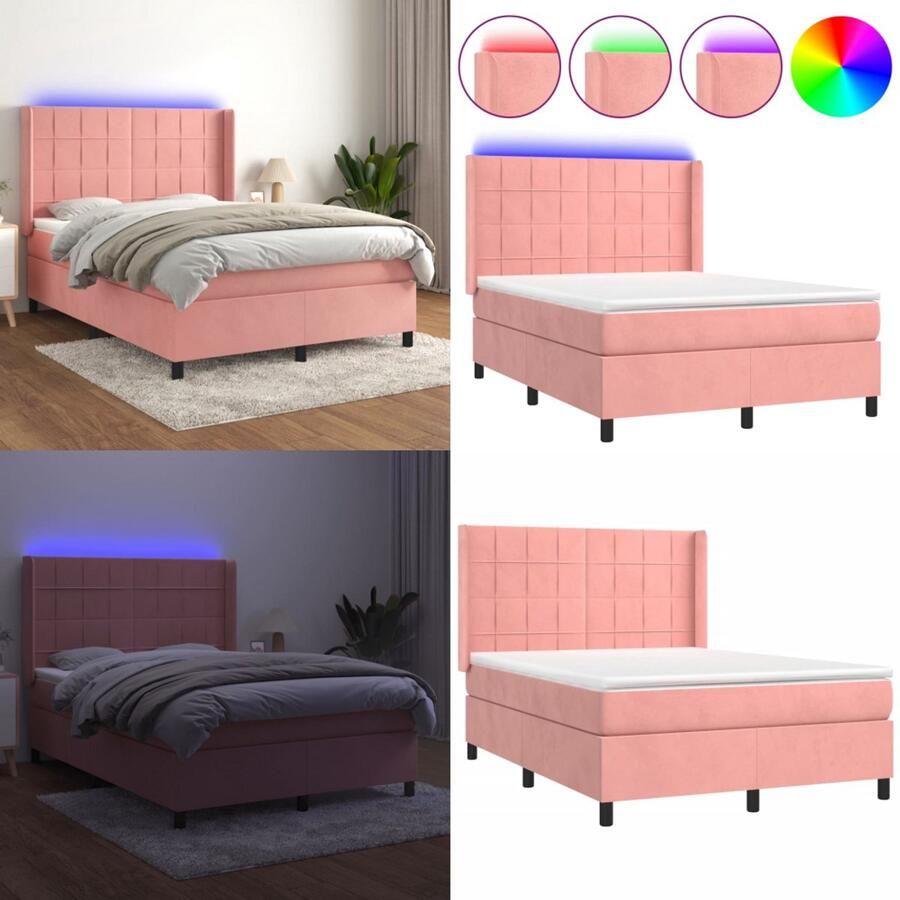 VidaXL Boxspring met matras en LED fluweel roze 140x200 cm Boxspring Boxsprings Bed Slaapmeubel