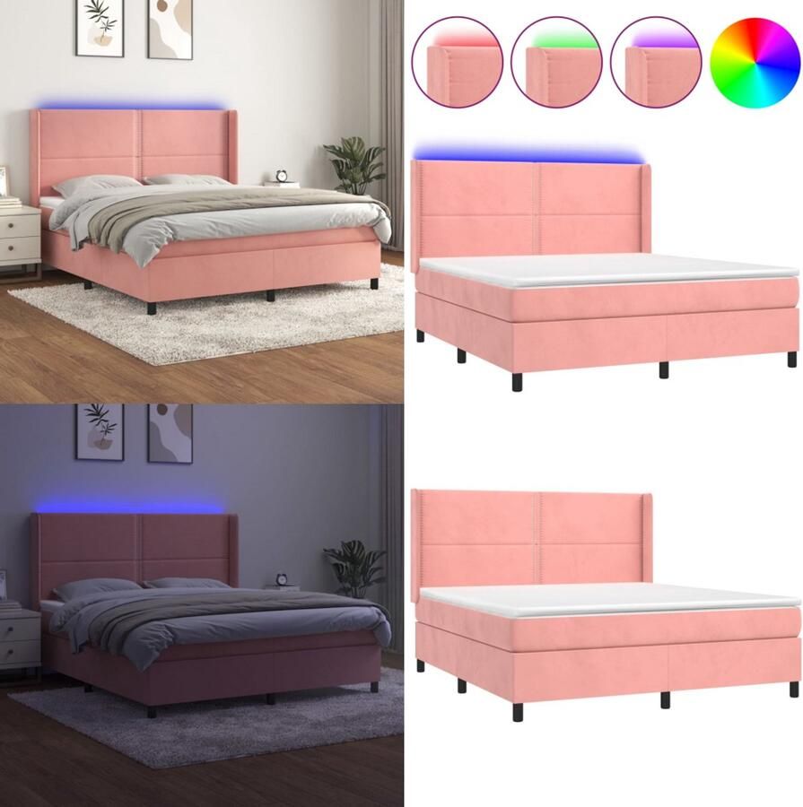 VidaXL Boxspring met matras en LED fluweel roze 180x200 cm Boxspring Boxsprings Bed Slaapmeubel