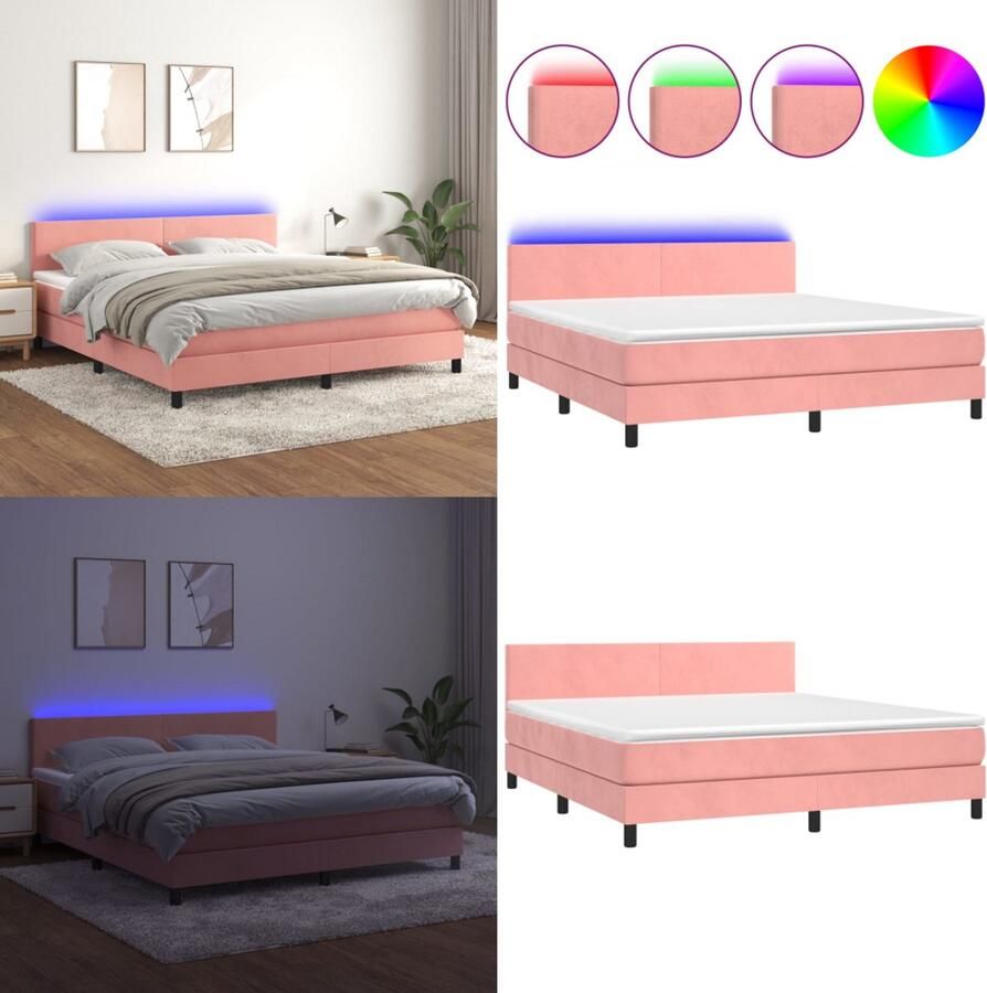 VidaXL Boxspring met matras en LED fluweel roze 180x200 cm Boxspring Boxsprings Bed Slaapmeubel